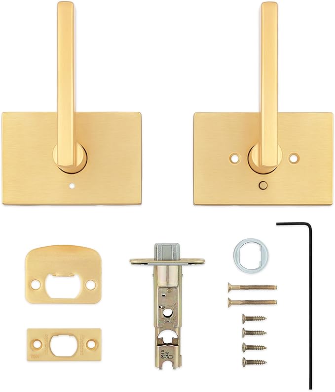 Kwikset Halifax Interior Privacy Door Handle with Lock, Door Lever for Bathroom and Bedroom, Satin Brass Rectangle Reversible Keyless Push Button Lock Door Lever, with Microban Protection