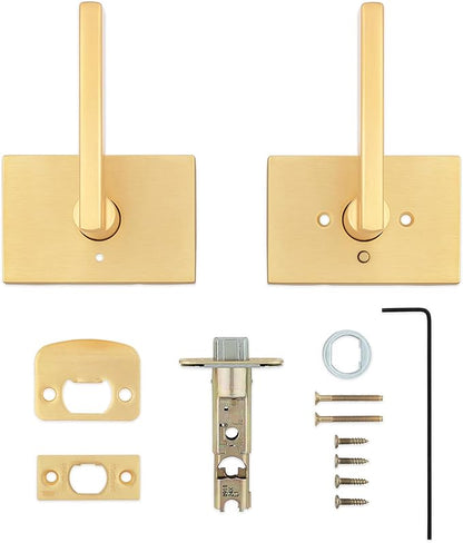 Kwikset Halifax Interior Privacy Door Handle with Lock, Door Lever for Bathroom and Bedroom, Satin Brass Rectangle Reversible Keyless Push Button Lock Door Lever, with Microban Protection