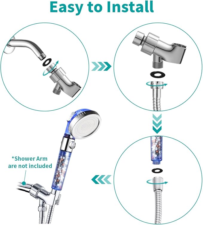 MIAOHUI Blue Zenbody Shower Head with Filter Beads, Shut Off Button | 3 Modes Handheld Filtered Showerhead with On Off Switch, Shower Wand+Hose+Adjustable Bracket+Self-adhesive Holder