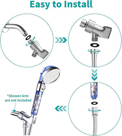 MIAOHUI Blue Zenbody Shower Head with Filter Beads, Shut Off Button | 3 Modes Handheld Filtered Showerhead with On Off Switch, Shower Wand+Hose+Adjustable Bracket+Self-adhesive Holder