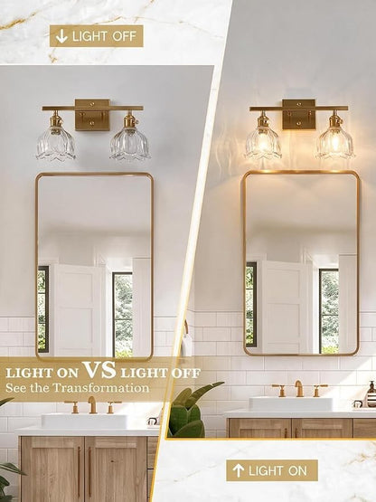 3-Light Vintage Bathroom Vanity Light, 19.4" Brass Hardwired Wall Sconce with Amber Tulip Glass Shades, Brushed Gold Vanity Light for Mirror, Restroom, Bedroom (Clear, 2-Light)