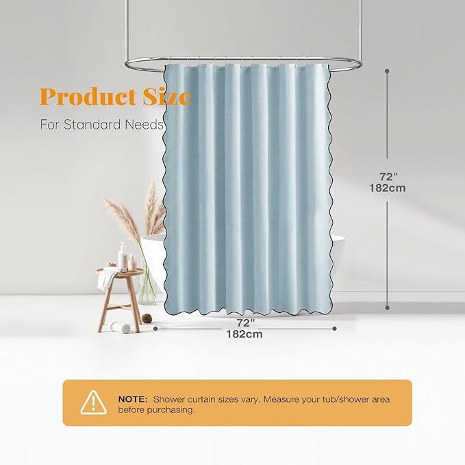 BTTN Fog Blue Scalloped Shower Curtain, Linen Textured Heavy Duty Fabric Shower Curtain Set with 12 Plastic Hooks, Modern Rustic Boho Farmhouse Waterproof Cloth Shower Curtains for Bathroom, 72x72