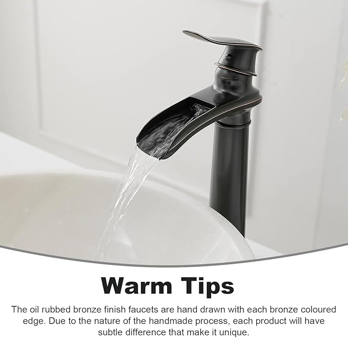 BWE Bathroom Vessel Sink Faucet Waterfall Spout Single Handle One Hole Oil Rubbed Bronze Tall Vessel Lavatory Vanity Faucet with Pop Up Drain Assembly and Supply Hose