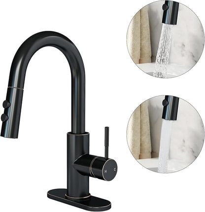 Fransiton Bathroom Faucets, Bar Sink Faucet Single Hole for Bathroom Kitchen Campers with Deck Plate Outdoor Faucet Vessel Farmhouse Vanity Lavatory (Matte Black - Pull Sprayer - A)