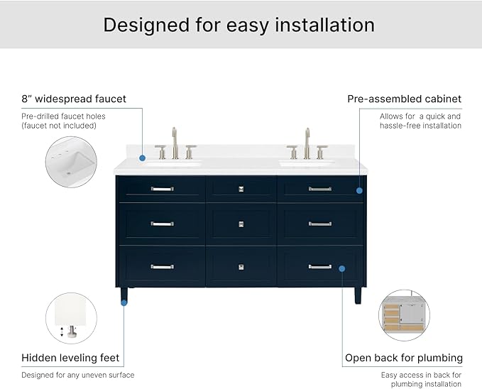 ARIEL Monroe 66-inch Bathroom Vanity with Sink,Solid Wood, 1.5-inch Carrara White Quartz Countertop & Backsplash, Double Oval Porcelain Sink, 9 Dovetail Drawers, Brushed Nickel, Midnight Blue