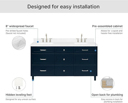 ARIEL Monroe 66-inch Bathroom Vanity with Sink,Solid Wood, 1.5-inch Carrara White Quartz Countertop & Backsplash, Double Oval Porcelain Sink, 9 Dovetail Drawers, Brushed Nickel, Midnight Blue