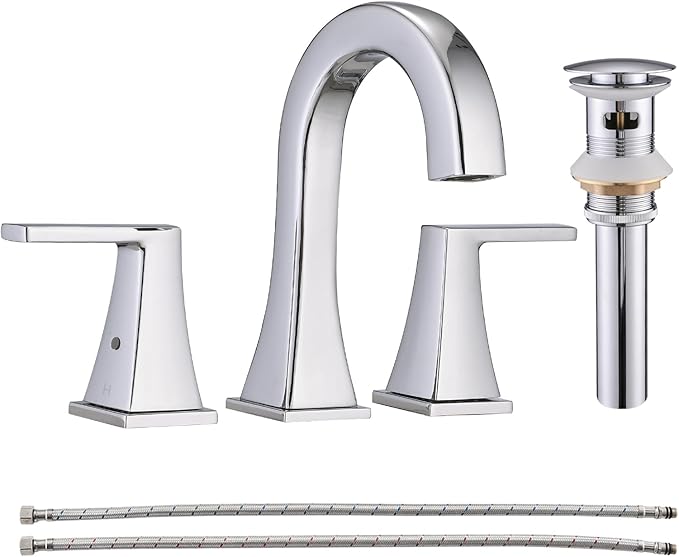 Bathroom Faucets for Sink, 2 Handle Widespread Bathroom Sink Faucet, 3 Hole Modern Stainless Steel Faucet with Pop-up Drain and Water Supply Lines, Chrome