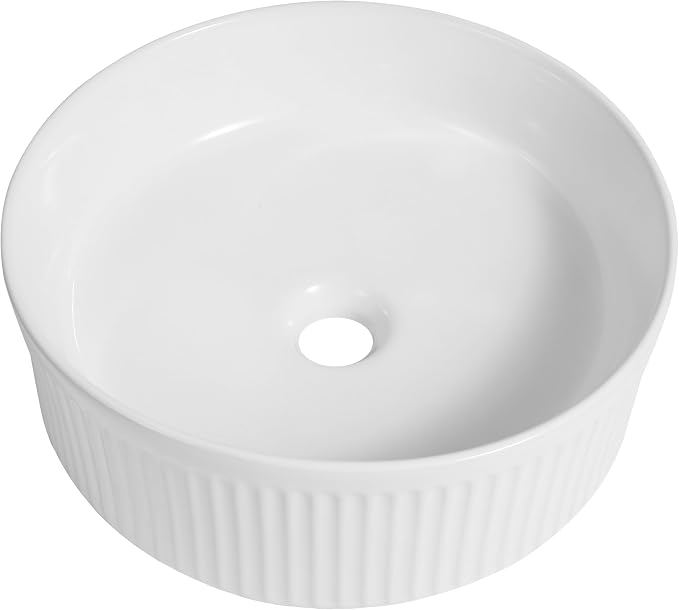 JONATHAN Y Element 14.75" Round Fluted Vessel Sink, White | Ceramic, Above Counter Vanity Basin, 5.25" Height, 1.75" Drain Hole, Stain Resistant Glaze, Modern Minimalist Style