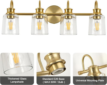 4 Lights Bathroom Light Fixtures Modern Gold Vanity Lights | ETL Certificate, Easy to Install,Wall Mount Up or Down,Thickened Glass Lampshade,E26 Socket,Hardwired