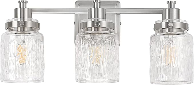 3 Light Bathroom Vanity Light Fixtures Modern Brushed Nickel | ETL Certificate, Easy to Install,Wall Mount Up or Down,Hammered Glass Lampshade,E26 Socket,Hardwired,120V