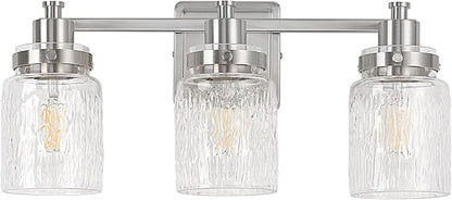 3 Light Bathroom Vanity Light Fixtures Modern Brushed Nickel | ETL Certificate, Easy to Install,Wall Mount Up or Down,Hammered Glass Lampshade,E26 Socket,Hardwired,120V