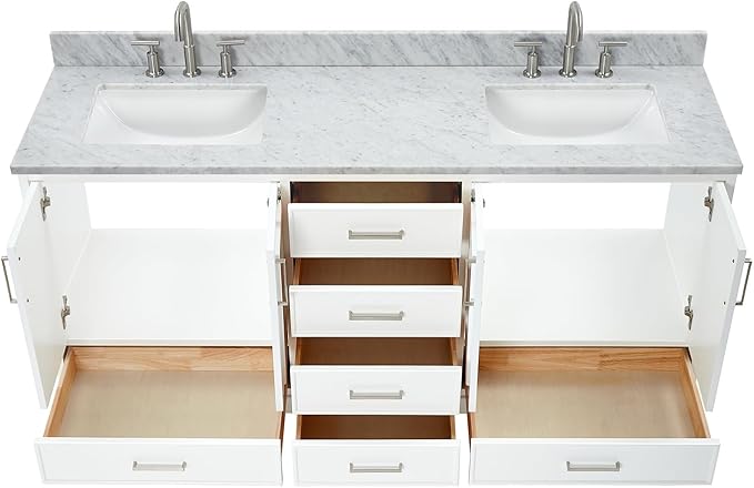ARIEL Stafford 72-inch Bathroom Vanity with Sink,Solid Wood, 0.75-inch Italian Carrara Marble Countertop, Double Rectangular Porcelain Sink, 4 Soft Closing Doors, 6 Dovetail Drawers, White