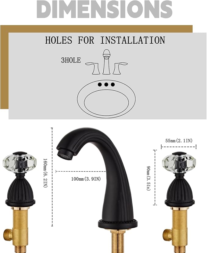 Black Bathroom Faucet Morden Three Holes Widespread 2 Crystal Handle Bathroom Sink Faucets Vintage Lavatory Vanity Faucet
