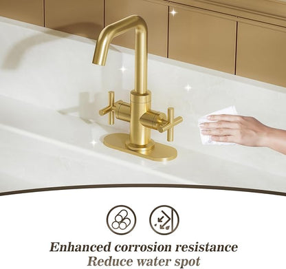 Brushed Gold 2-Handle 4 Inch Centerset Single Hole Bathroom Faucet with Drain,Deck Plate and Supply Hoses, Fit for 1 or 3 Hole, SGF002-10-BG