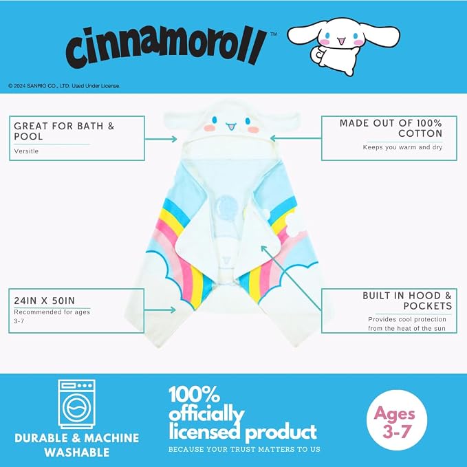 Sanrio Cinnamoroll Kids Super Soft Bath/Pool/Beach Soft Cotton Terry Hooded Towel Wrap, 24 in x 50 in, (Officially Licensed Product) By Franco