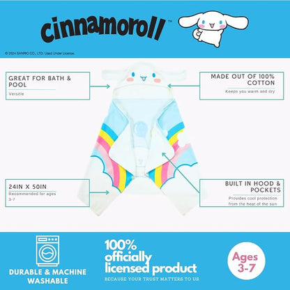 Sanrio Cinnamoroll Kids Super Soft Bath/Pool/Beach Soft Cotton Terry Hooded Towel Wrap, 24 in x 50 in, (Officially Licensed Product) By Franco