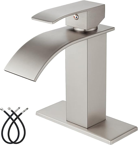 Midanya Waterfall Spout Bathroom Faucet Single Handle 1 Hole Bathroom Sink Faucet,Modern RV Lavatory Vanity Basin Tap with Water Hose,No Drain,Short Body,Brushed Nickel