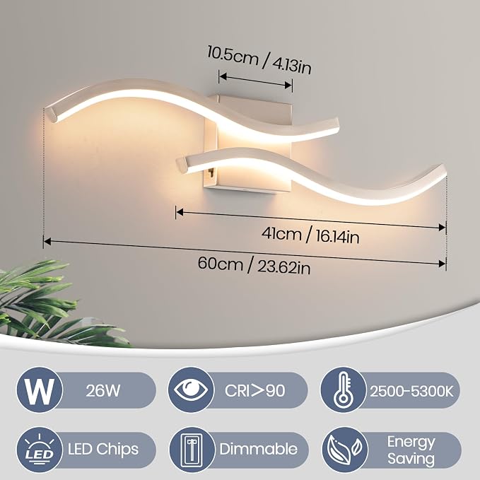 2 Pcaks Nickel Bathroom Vanity Light Fixture, 24in 5CCT Dimmable Modern Led Bathroom Light Fixtures Over Mirror, 26W LED Vanity Lighting Bar for Bathrooms (Brushed Nickel,2 Packs, 24inch)