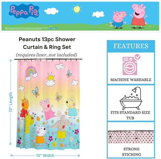 Peppa Pig 13-Piece Shower Curtain Set, 72 x 72 Inch Fabric Curtain with Hooks, Bathroom Decor, Machine Washable, (100% Officially Licensed Product) by Franco Collectibles