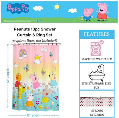 Peppa Pig 13-Piece Shower Curtain Set, 72 x 72 Inch Fabric Curtain with Hooks, Bathroom Decor, Machine Washable, (100% Officially Licensed Product) by Franco Collectibles