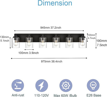 6 Light Bathroom Vanity Lights, Bathroom Lighting Fixtures over Mirror with Clear Glass Shades, Black Vanity Light For Bathoom, Modern Wall Sconces Vanity Lighting Fixture for Bathroom Hallway