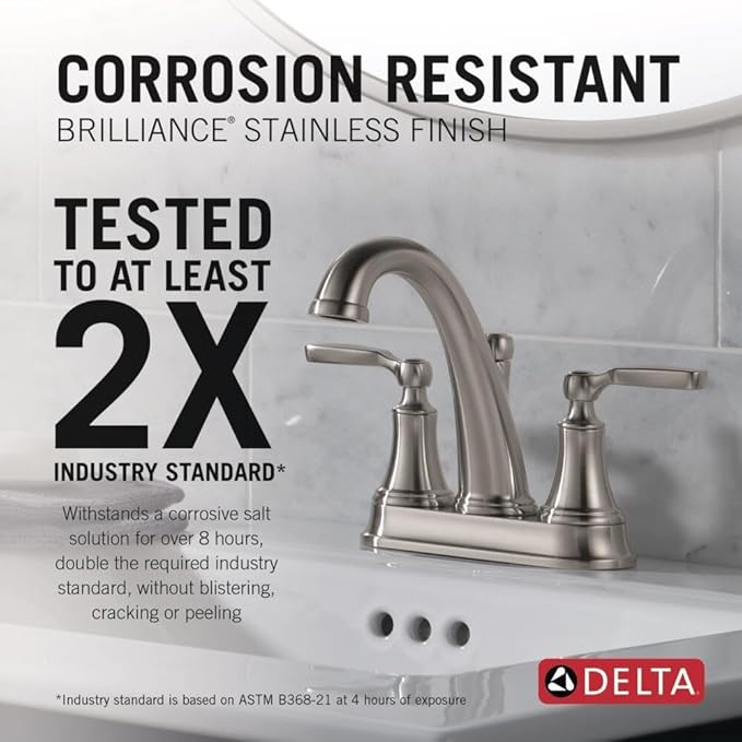 Delta Woodhurst Centerset Brushed Nickel Bathroom Faucet, 4 Inch 3 Hole Bathroom Sink Faucet for Vanity, Metal Push-Pop Drain Assembly, Stainless 2532LF-SSMPU