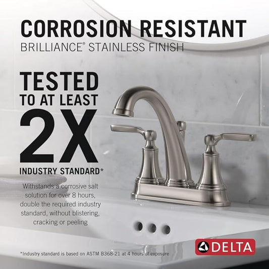 Delta Woodhurst Centerset Brushed Nickel Bathroom Faucet, 4 Inch 3 Hole Bathroom Sink Faucet for Vanity, Metal Push-Pop Drain Assembly, Stainless 2532LF-SSMPU