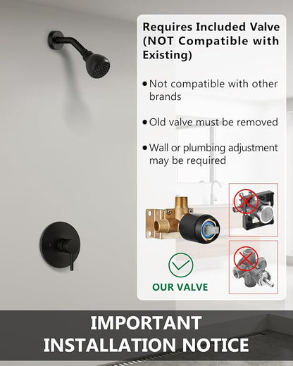 Shower Faucet with Valve, Shower Valve Kit and Head, Single Handle Shower Faucet Set with Rough-In Valve, Shower Trim Kit, Matte Black