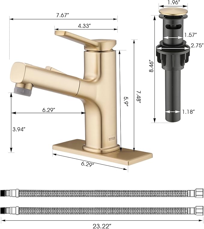 Pull Out Bathroom Faucet, Single Handle Bathroom Sink Faucet with Pull Out Sprayer, Bathroom Faucet for Sink, with Pop-up Drain & Deck Plate 1 or 4-inch Centerset 3 Hole, Gold