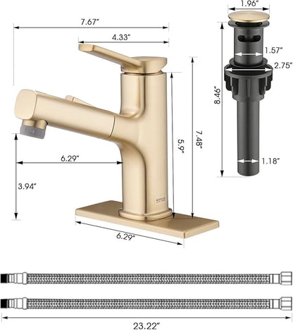 Pull Out Bathroom Faucet, Single Handle Bathroom Sink Faucet with Pull Out Sprayer, Bathroom Faucet for Sink, with Pop-up Drain & Deck Plate 1 or 4-inch Centerset 3 Hole, Gold