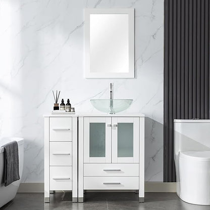 LUCKWIND 36" Bathroom Vanity with Sink Combo, 24-inch Main Cabinet with 12.6-inch Side Cabinet, Painted Bathroom Storage Cabinet with 5 Drawers, Including Transparent Round Sink Without Mirror, White