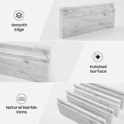 Carrara White Marble Baseboard Trim Molding 5"x12", Polished, 4 Pcs | Marble Base Moulding for Kitchen, Bathroom, Wall, Floor & Shower, Protects Walls, Easy to Install, Durable