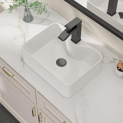 Dcolora 16 in. White Vessel Sink, Rectangular Porcelain Ceramic Above Counter Sink, Small Bathroom Sink with Black Accessories,12"D x 16"W x 5"H #DC-SFDOE00085