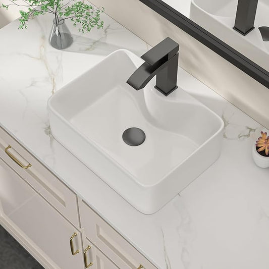Dcolora 16 in. White Vessel Sink, Rectangular Porcelain Ceramic Above Counter Sink, Small Bathroom Sink with Black Accessories,12"D x 16"W x 5"H #DC-SFDOE00085
