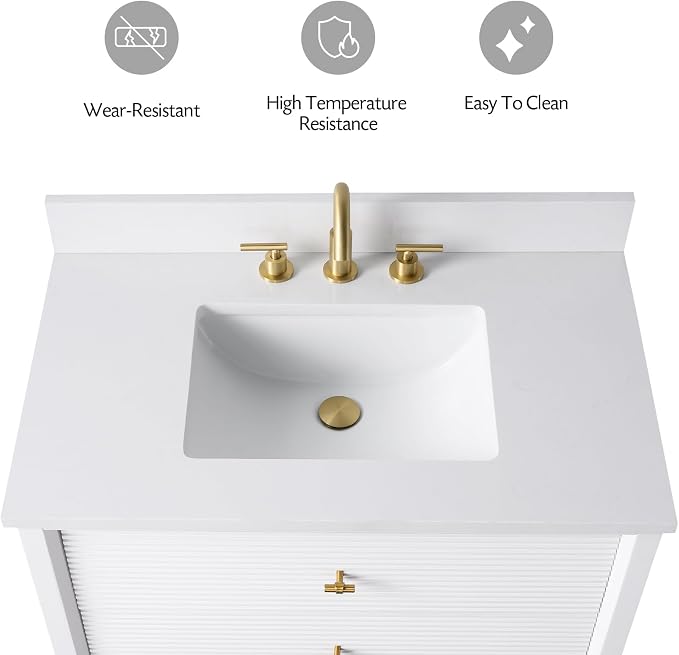 Vanity Art 30" Bathroom Vanity with Single Sink & Ceramic Top, Vanity Cabinet with Soft Closing Door, Solid Wood Frame, Golden Brushed Handles, White VA8130-W-GB