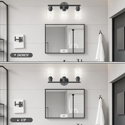 3-Light Black Vanity Lights, E26 Modern Bathroom Light Fixtures with Clear Glass Shade, Wall Lamps for Mirror Kitchen Hallway Cabinet Living Room Sconces Lights