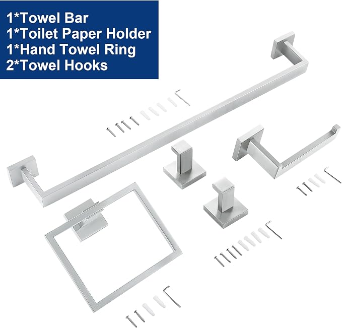 5 Piece Bathroom Hardware Accessories - Brushed Nickel, 24Inch Towel Racks, Stainless Steel Square Towel Bar Set, Wall Mounted
