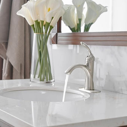BWE Brushed Nickel Bathroom Faucet Single Handle Bathroom Sink Faucet One Hole with Pop Up Drain Assembly and Supply Lines Commercial Vanity Restroom Lavatory Mixer Tap