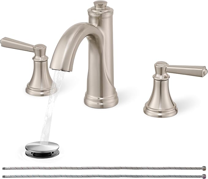 3 Hole Bathroom Faucet Brushed Nickel, 8 Inch 2 Handles with Drain | Lead-Free Brass, Widespread Bathroom Sink Faucet, Pre-installed cUPC Supply Lines, 10 Mins Install, For Vanity Rv Lavatory