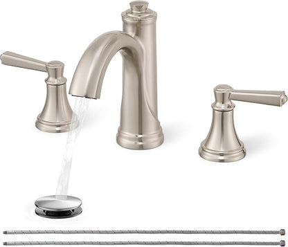 3 Hole Bathroom Faucet Brushed Nickel, 8 Inch 2 Handles with Drain | Lead-Free Brass, Widespread Bathroom Sink Faucet, Pre-installed cUPC Supply Lines, 10 Mins Install, For Vanity Rv Lavatory