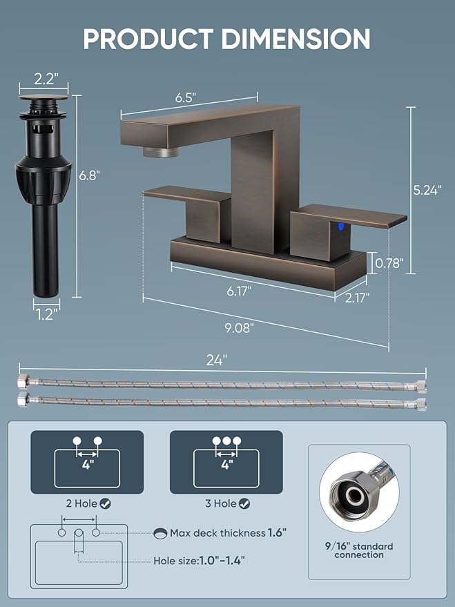 Cobbe Bathroom Faucets for Sink 3 Hole, Oil Rubbed Bronze Bathroom Sink Faucet Square 4 Inch Centerset with Pop-Up Drain, 2 Handle and 2 Supply Hoses, Lead-Free Stainless Steel for Vanity Rv