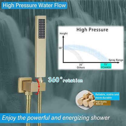 Shower Faucet Set Complete, Wall Mount Shower System for Bathroom 12 Inch High-Pressure Rainfall Shower with Handheld, Rough-in Valve Body and Trim Kit, Brushed Gold