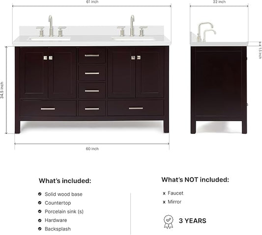 DKB Beckford 60" Espresso Double Bathroom Vanity with Sink, 1.5" Pure White Quartz Countertop, Center Rectangular Sinks, 4 Soft Closing Shaker Doors, 6 Dovetail Drawers