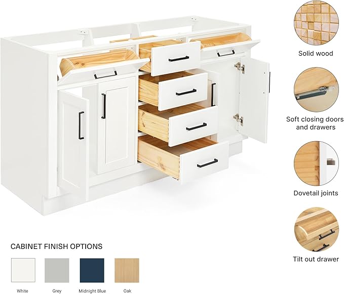 ARIEL Hepburn 60-inch Bathroom Vanity Base Cabinet,Solid Wood, 4 Soft Closing Doors, 6 Dovetail Drawers, White
