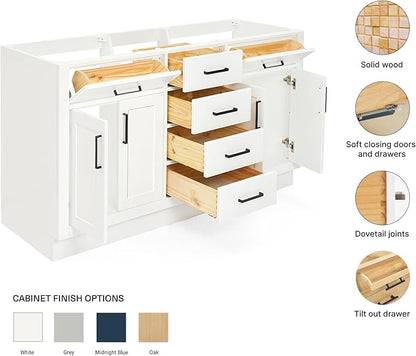 ARIEL Hepburn 60-inch Bathroom Vanity Base Cabinet,Solid Wood, 4 Soft Closing Doors, 6 Dovetail Drawers, White
