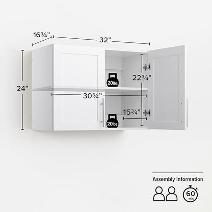 Prepac Elite 24" H Wall Cabinet with Panel Doors, White Storage Cabinet, Bathroom Cabinet, Pantry with 1 Adjustable Shelf 16.75" D x 32" W x 24" H, WSUR-1002-1