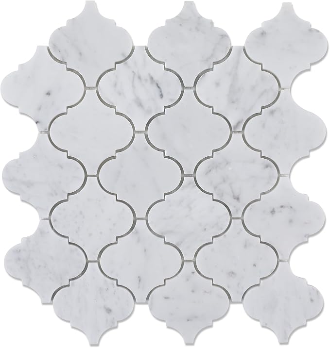 3 Inch Arabesque Carrara White Marble Mosaic Tile for Wall Floor, 5 Sheets | Water & Heat Resistant Polished Marble Backsplash Tiles for Kitchen Bathroom Fireplace Surround Durable Unique Veins 3.9SQFT