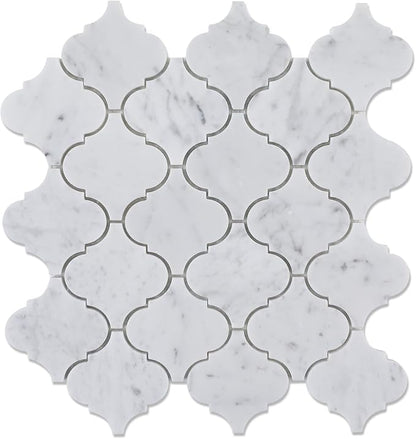3 Inch Arabesque Carrara White Marble Mosaic Tile for Wall Floor, 5 Sheets | Water & Heat Resistant Polished Marble Backsplash Tiles for Kitchen Bathroom Fireplace Surround Durable Unique Veins 3.9SQFT