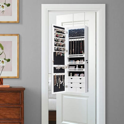 COSTWAY Jewellery Cabinet with LED Lighting, 6 Drawers and Mirror, Hanging Sail Cabinet, Wall Cabinet for Door and Wall Mounting, Lockable (White)