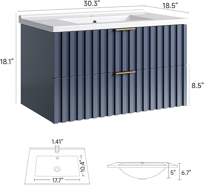 ONBRILL 30 Inch Bathroom Vanity with Sink Combo, Floating Bathroom Vanity with 2 Fluted Drawers & Metal Handle, Modern Wall Mount Storage Cabinet with Ceramic Integrated Sink for Small Space (Blue)